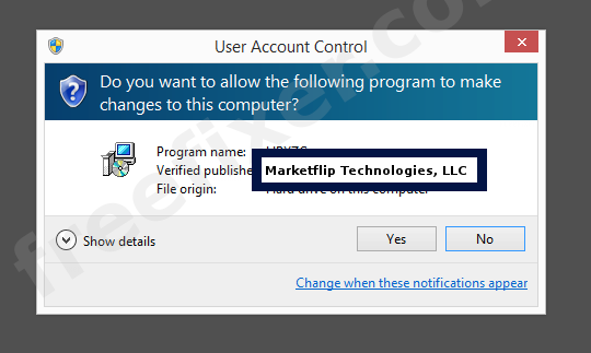 Screenshot where Marketflip Technologies, LLC appears as the verified publisher in the UAC dialog
